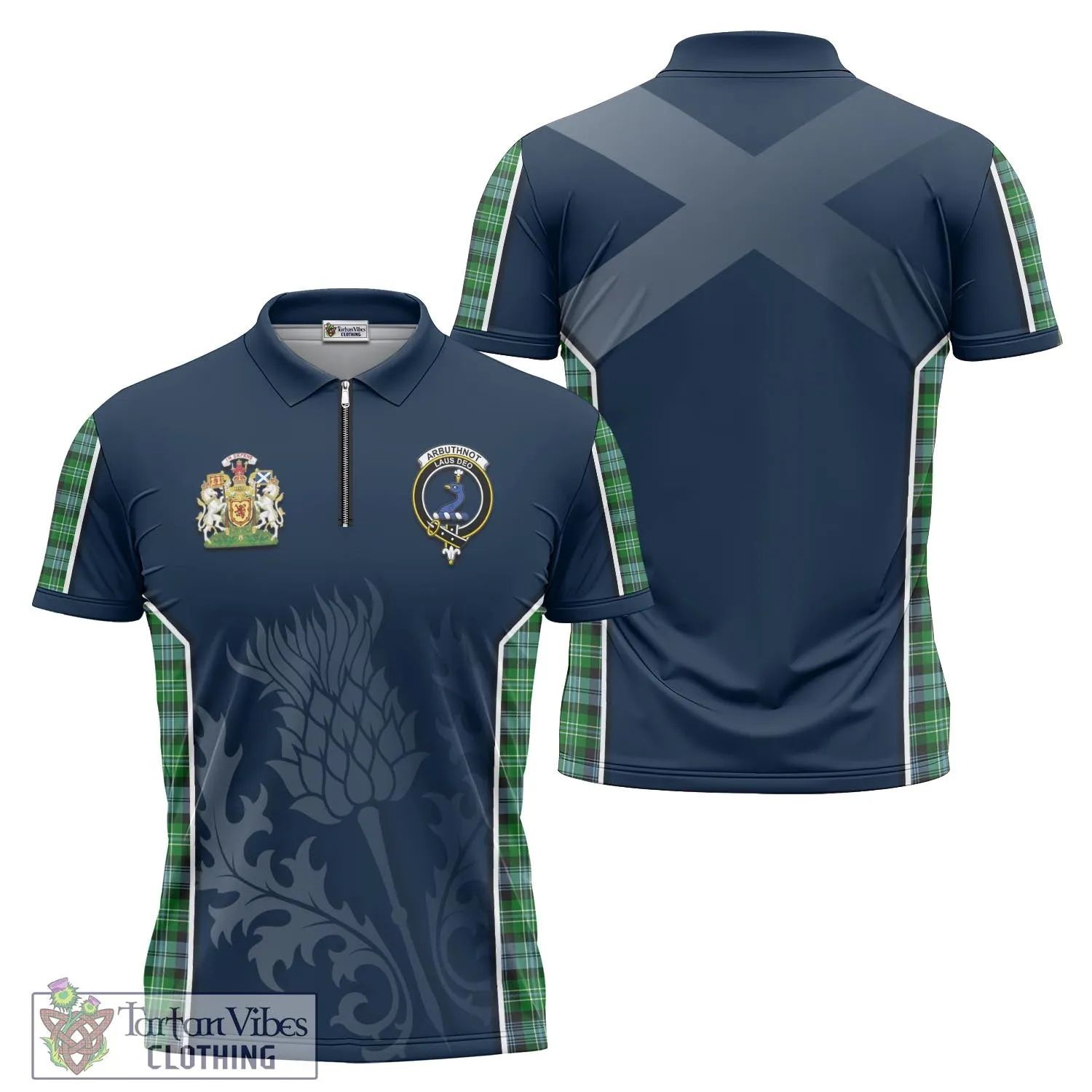 Arbuthnot Ancient Tartan Zipper Polo Shirt with Family Crest and Scottish Thistle Vibes Sport Style